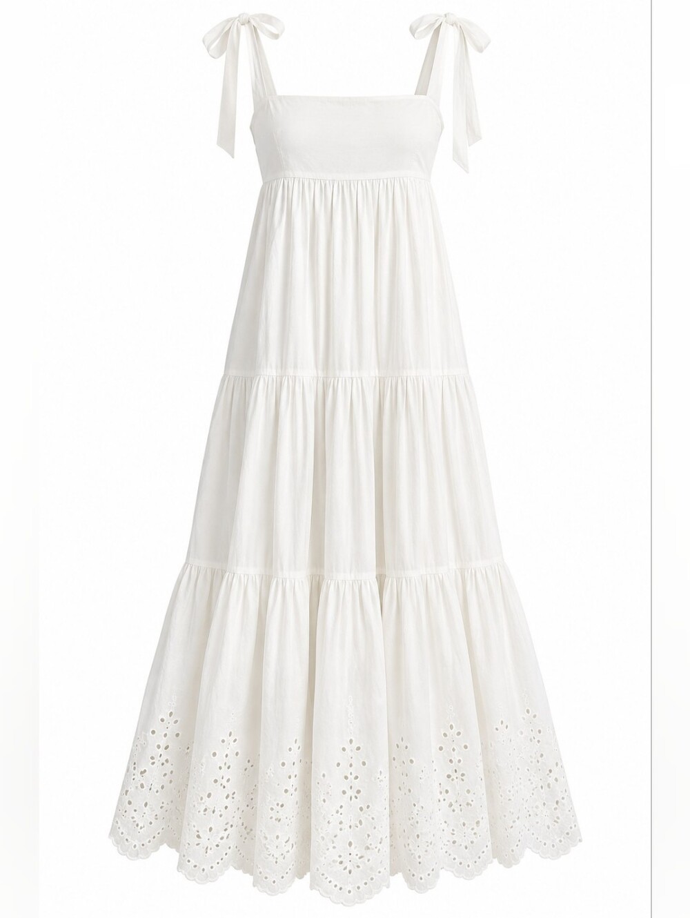 Jason Wu White Cotton Eyelet Tiered Maxi Dress Tie Straps, L, Romantic, Bridal